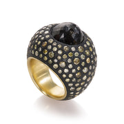 Todd Reed ring with a black rose cut diamond (10.75ctw) and olive diamonds (5.88ctw) in 18k yellow gold and sterling silver.